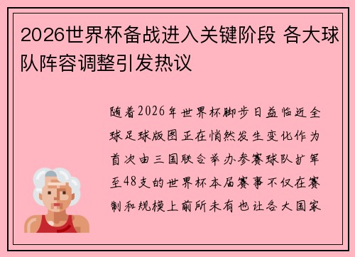 2026世界杯备战进入关键阶段 各大球队阵容调整引发热议 2026世界杯备战进入关键阶段 各大球队阵容调整引发热议