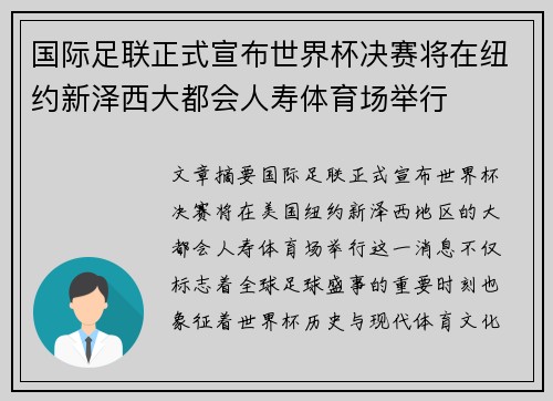 国际足联正式宣布世界杯决赛将在纽约新泽西大都会人寿体育场举行 国际足联正式宣布世界杯决赛将在纽约新泽西大都会人寿体育场举行